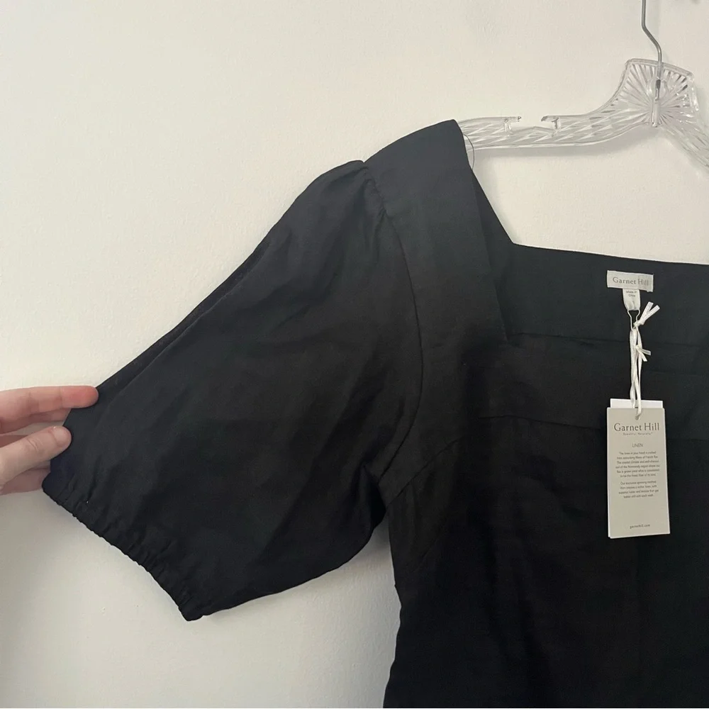 NEW Garnet Hill 100% Linen Black Square Neck Short Sleeve Top 10 Lightweight - Picture 2 of 8